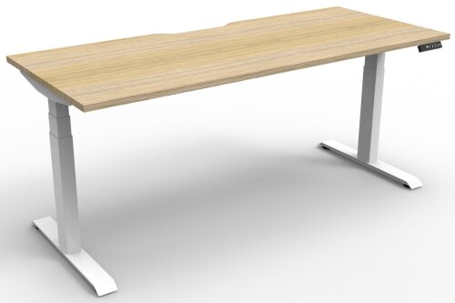 Our top of the range electric height adjustable straight desk with a 1200 x 750 natural oak coloured top over a white powder coated metal frame