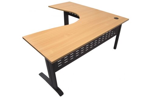 rapid span corner desk, with a 25 mm thick top in beech melamine, over a black metal frame, size 1800 x 1800 x 700