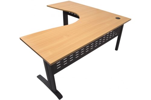 rapid span corner desk, with a 25 mm thick top in beech melamine, over a black metal frame, size 1800 x 1800 x 700