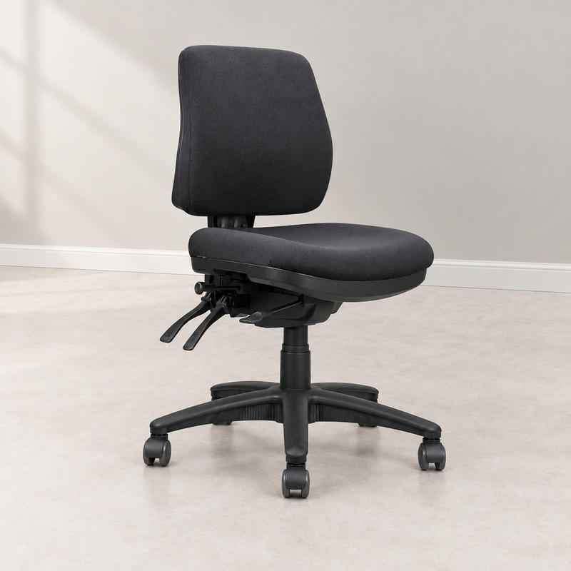 Black task chair in a clean, light showroom setting