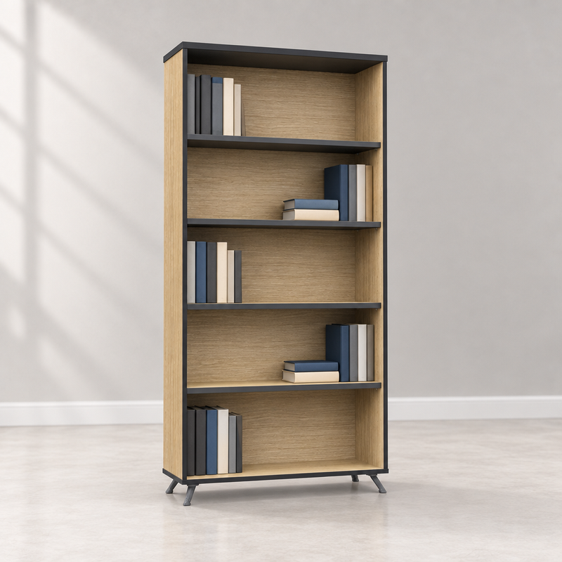 Oak-and-black bookcase styled with books in a light showroom