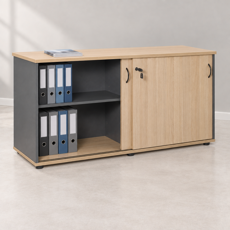 Credenza styled with upright folders and brochures in a light showroom
