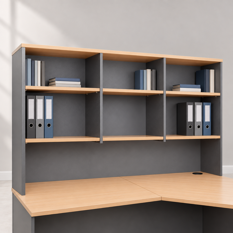 Office hutch styled with lever-arch folders and textbooks