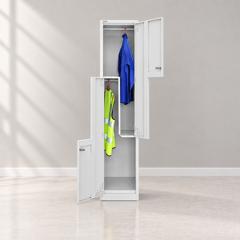 Open step-door locker in a light professional showroom