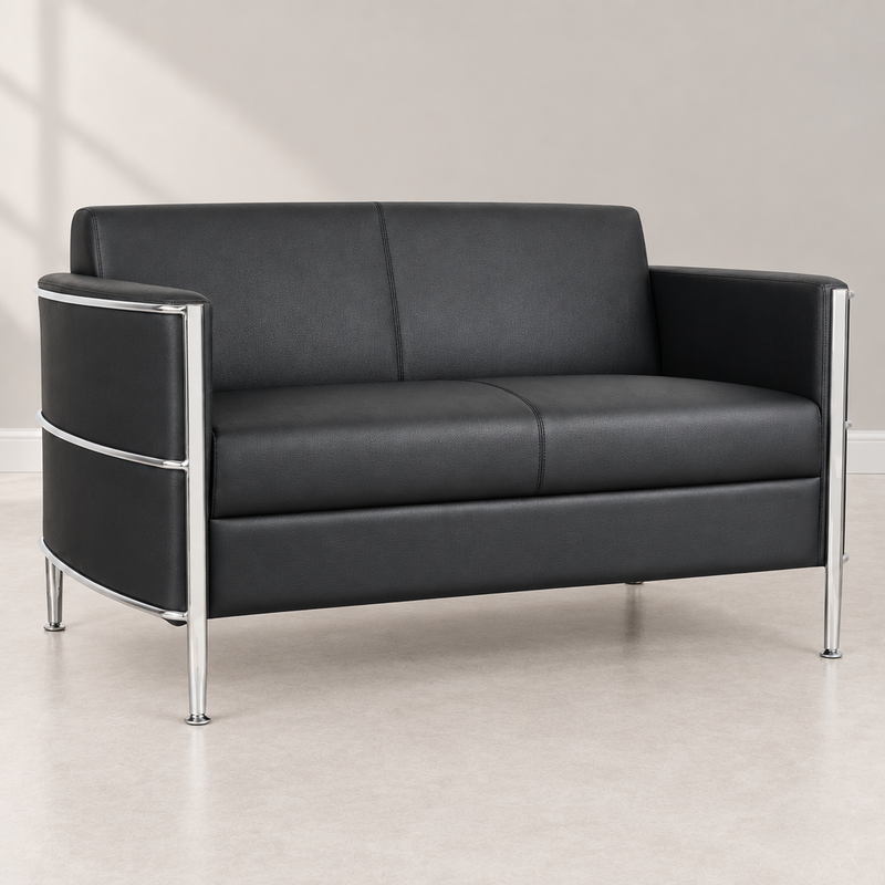 Black two-seat lounge sofa with chrome detailing in a light showroom