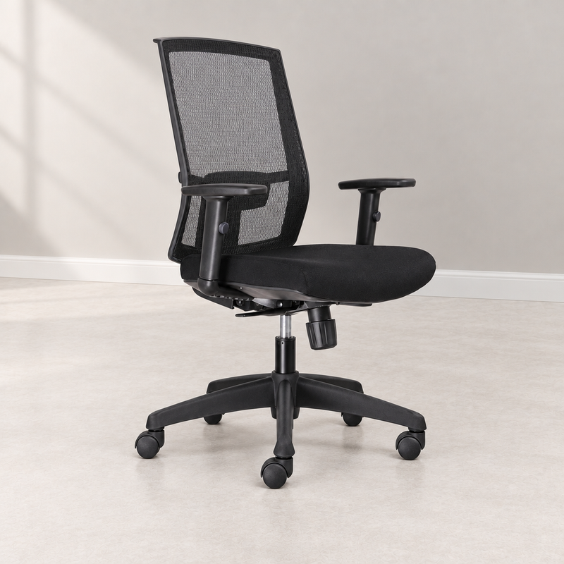 Mesh-back office chair in a clean, light showroom setting