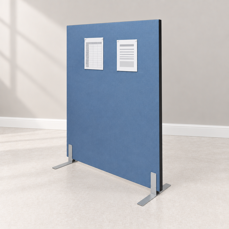 Blue privacy screen with two pinned notices in a light showroom