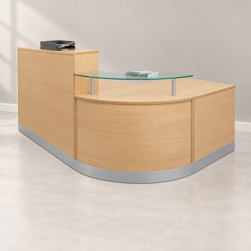 Reception desk styled with in-trays and brochures