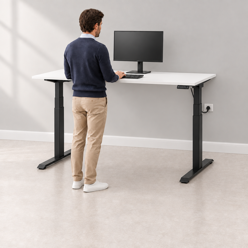 Sit–stand desk close to the wall with discreet cable routing
