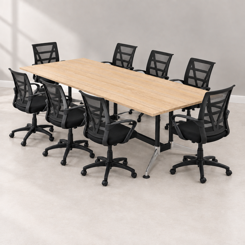 Boardroom table with black Vienna mesh-back chairs