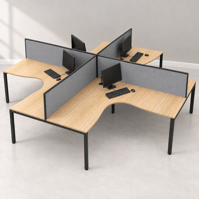 Four-person workstation with corner-oriented computer setups