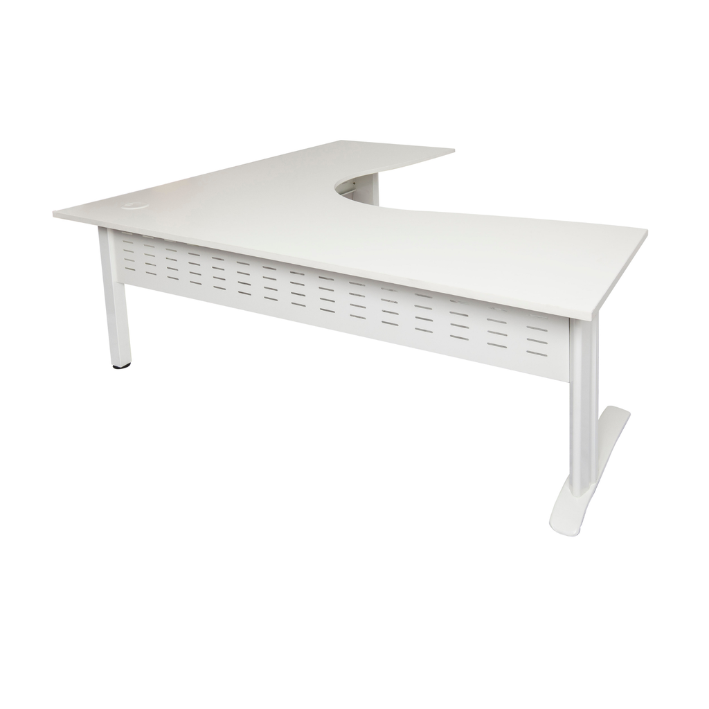 Rapid Span corner desk 1500mm W x 1500mm W x 700mm D with Natural White Top & White Satin Base