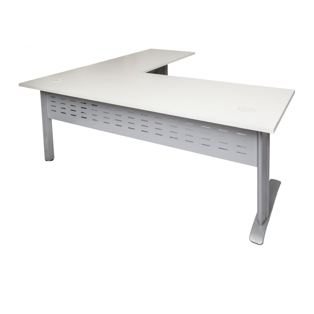 Rapid Span desk & return 1800mm W x 1800mm W x 700mm / 600mm D with Natural White Top & Precious Silver Base